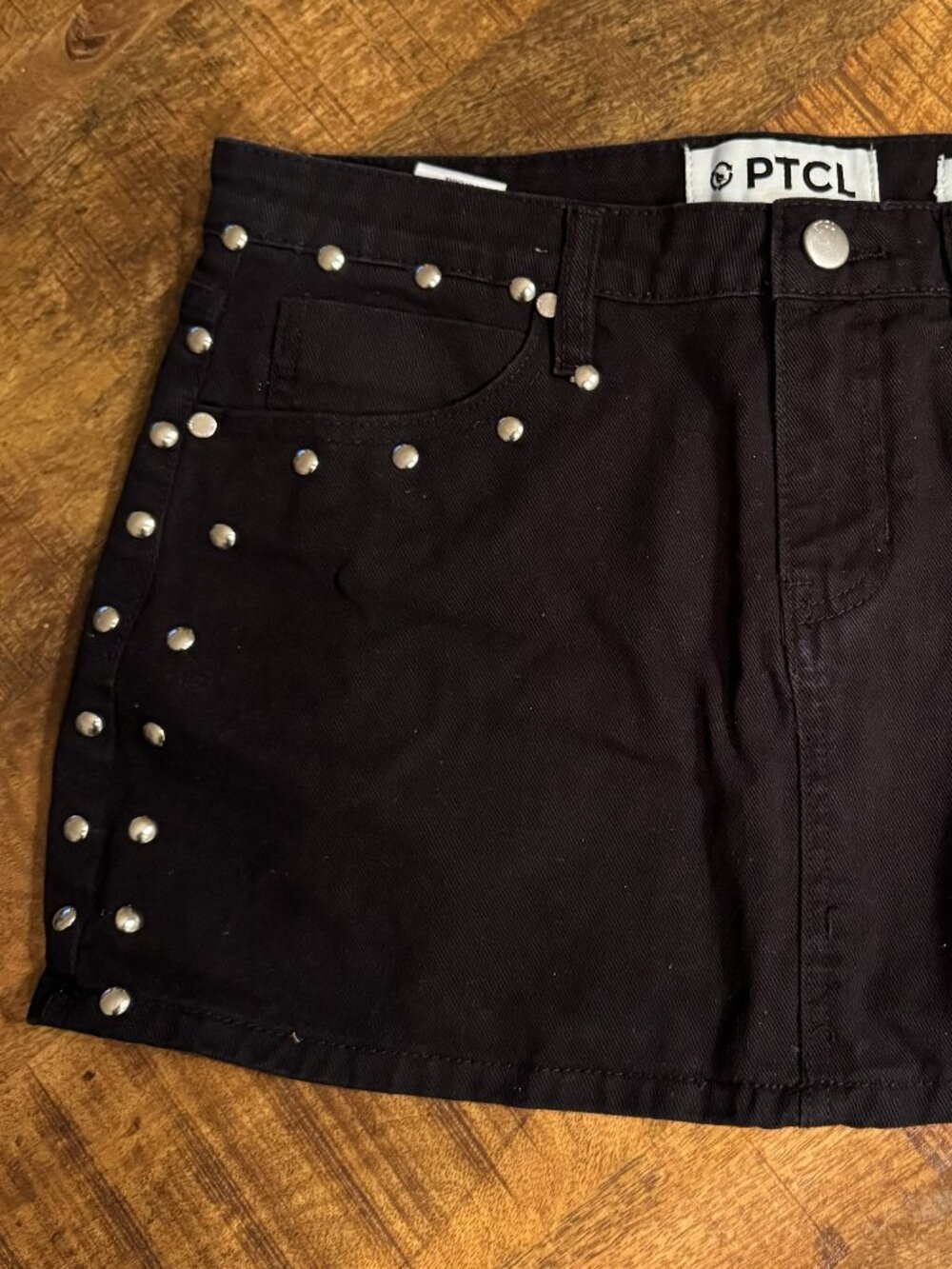 PTCL Ethikal Brand Black Studded Denim Mini Skirt, Size M